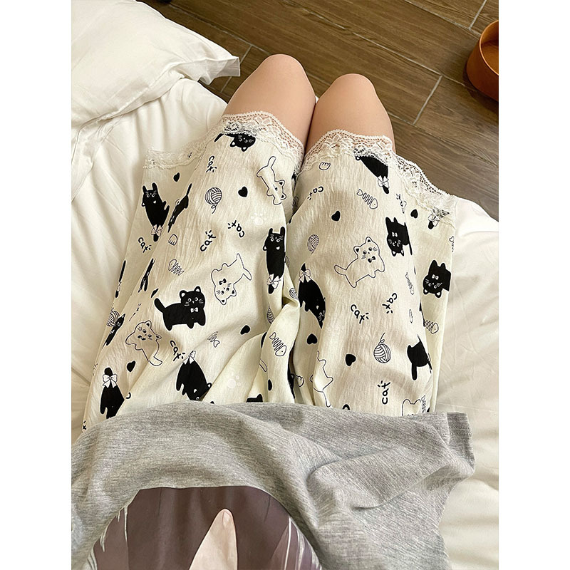 Pajama Pants Women Summer Shorts Thin Student Loose Plus Size Walking Cartoon Home Shorts Girl Cat Pattern Home Pants
