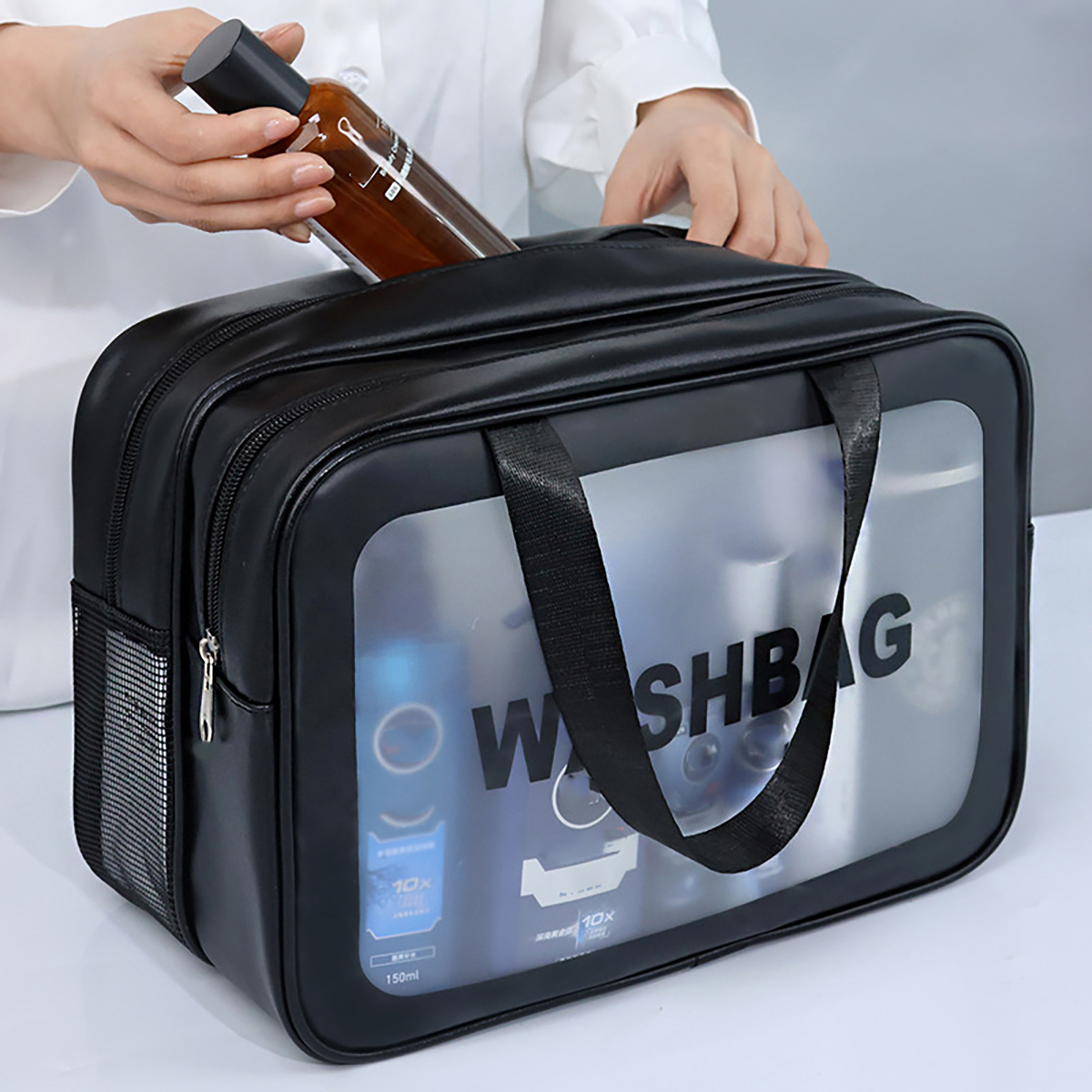 Fashion Portable Large Capacity Makeup Bag; Double Layer Frosted Dry Wet Separation Wash Bag; Multifunctional Travel Storage Bag