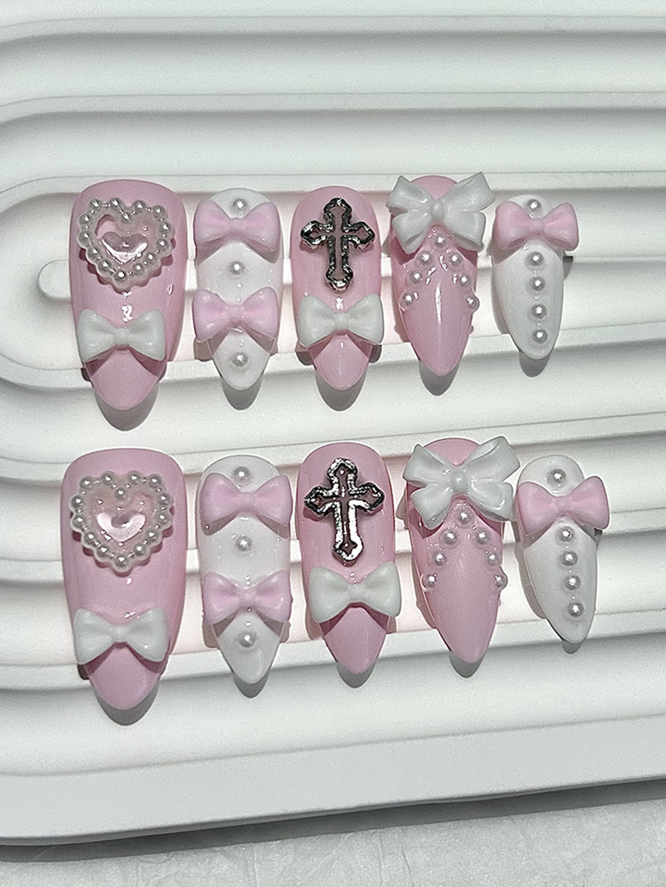 10 Pieces Y2K Spice Girls Bow Pearls Cute Pink White Handmade Press On Nails Heart Cross Yami Kawaii Art Fake Nails
