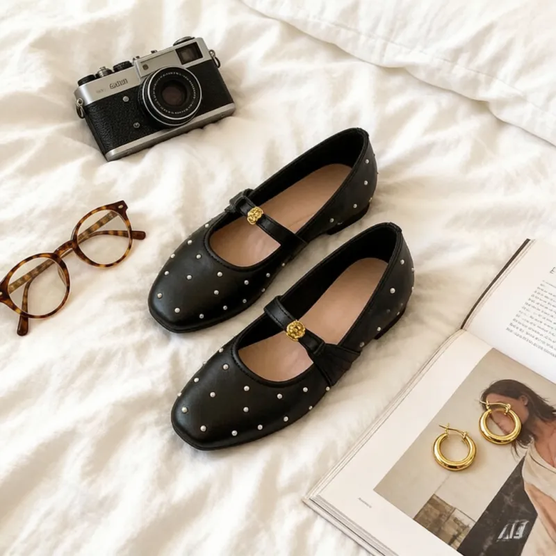 Women's French-Style Mary Jane Flats, Black Square-Toe Comfortable Fashionable Pumps, Elegant Versatile Daily Commuter Shoes.