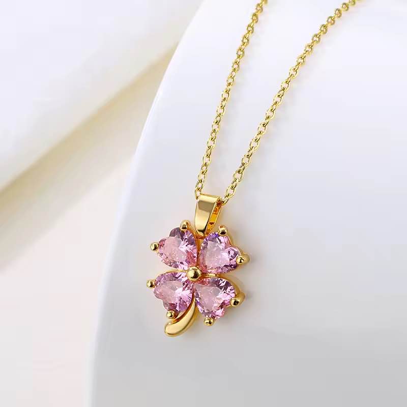 Stainless Necklace with Pink Crystal Flower Pendant
