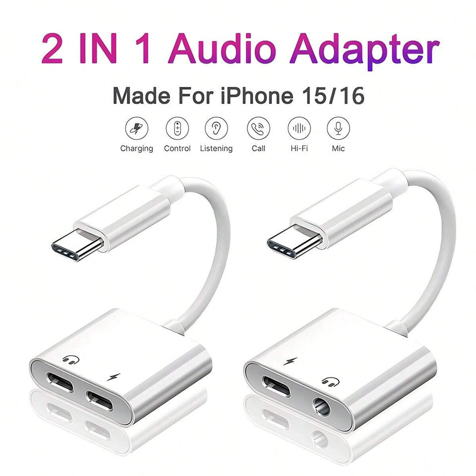 USB C to Type-c+3.5mm Audio Adapter & Charger Dual Port Headphone Splitter for iPhone 16 15 Pro Max S25 S24 S23
