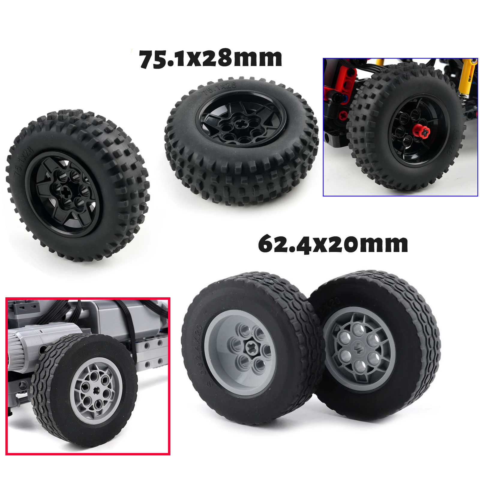 2/4/8PCS Tires+Wheels 62.4*20mm/75.1x28mm Building Blocks for Technical Car Modified Bricks DIY Assembled Model Toy Kid MOC