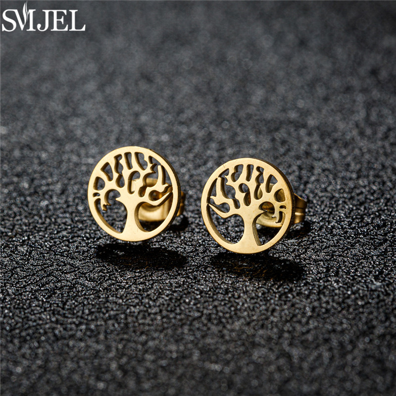 Vintage Tree of Life Stud Earrings Gold Color Stainless Steel Tree Earings for Women Bohemian Wedding Jewelry Plant Accessories