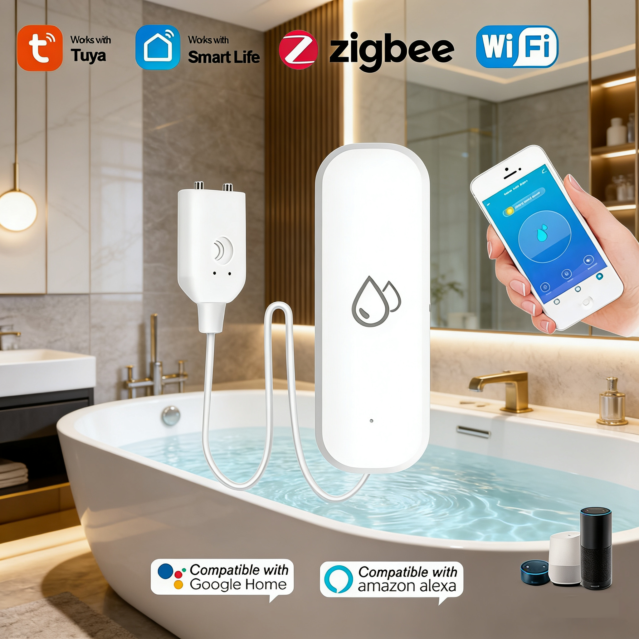 WiFi/Zigbee Water Leak Detector, Smart Home Flood Overflow Sensor, Tuya Smart Life APP Remote Alert, Water Leak Alarm with 1m