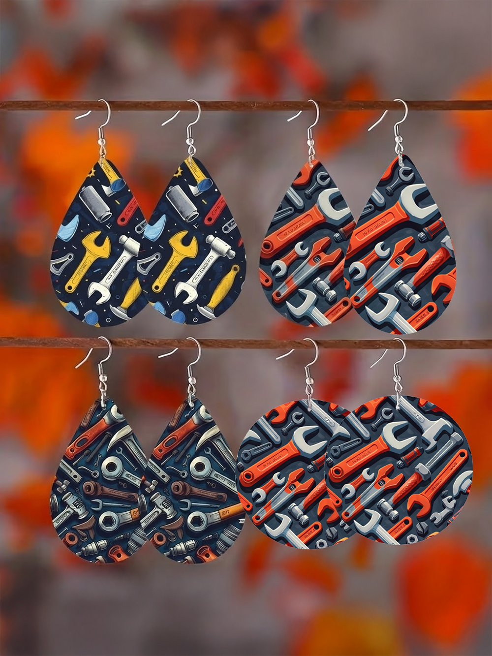 4 Pairs/Set, Women's Fashion Pendant Earring Set, Unique Exaggerated Punk Retro Style Wrench Tool Print Wooden Earrings, Suitable for Daily Wear, Parties, -Giving, Holidays and Any Occasion