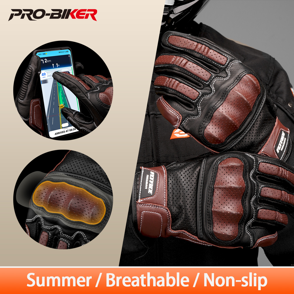 Summer Breathable Men's Motorcycle Gloves Leather Motorbike Full Finger Gloves Non-slip Motocross Riding Gloves Touch Screen
