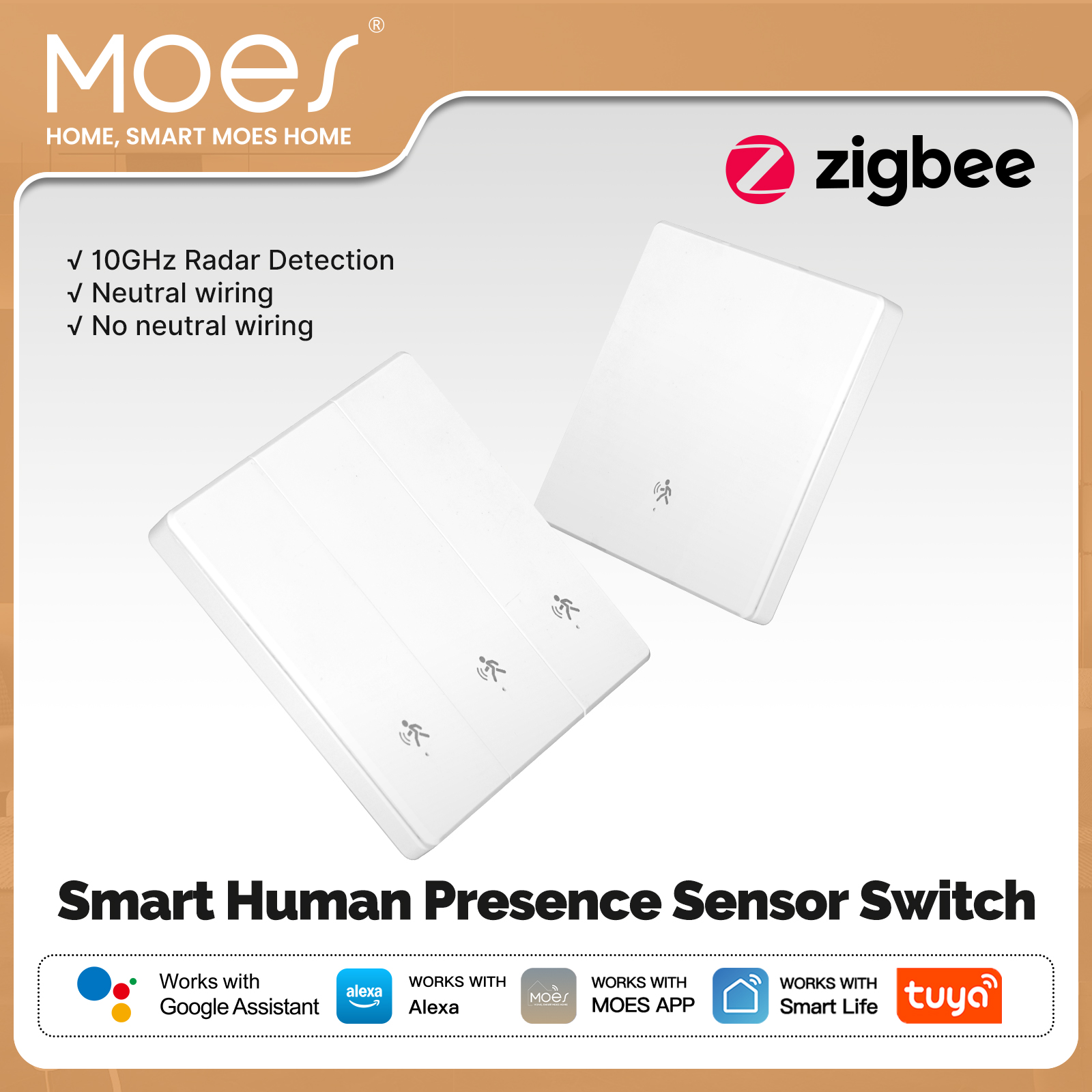 MOES Tuya ZigBee Smart Human Presence mmWave Radar Sensor Wall Light Switch Works with Alexa Home Neutral Wire Optional lightify