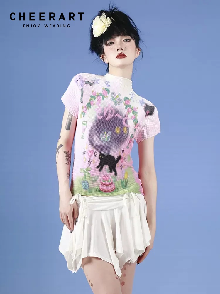 CHEERART Y2k Graffiti Cat Cute Top Pink Funny Graphic T Shirts Summer Clothes Women 2024 Miyake Pleated Designer Crop Top
