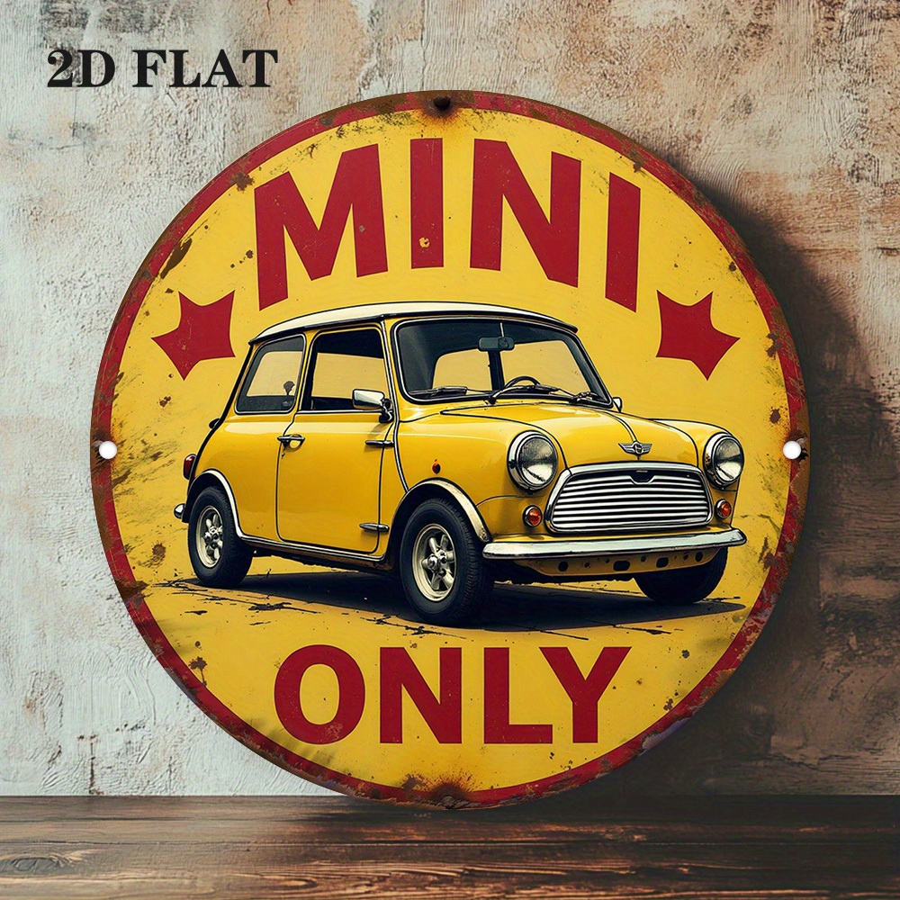 2D flat 1pc retro mini car wooden logo, retro yellow van, red and white checkered design, "mini" text, garage decoration