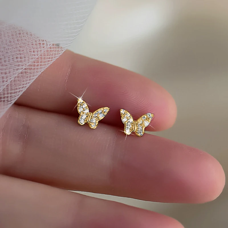 Huitan Brilliant Butterfly Gold/Silver Color Stud Earrings for Women Simple Stylish Fresh Earrings Engagement Wedding Jewelry