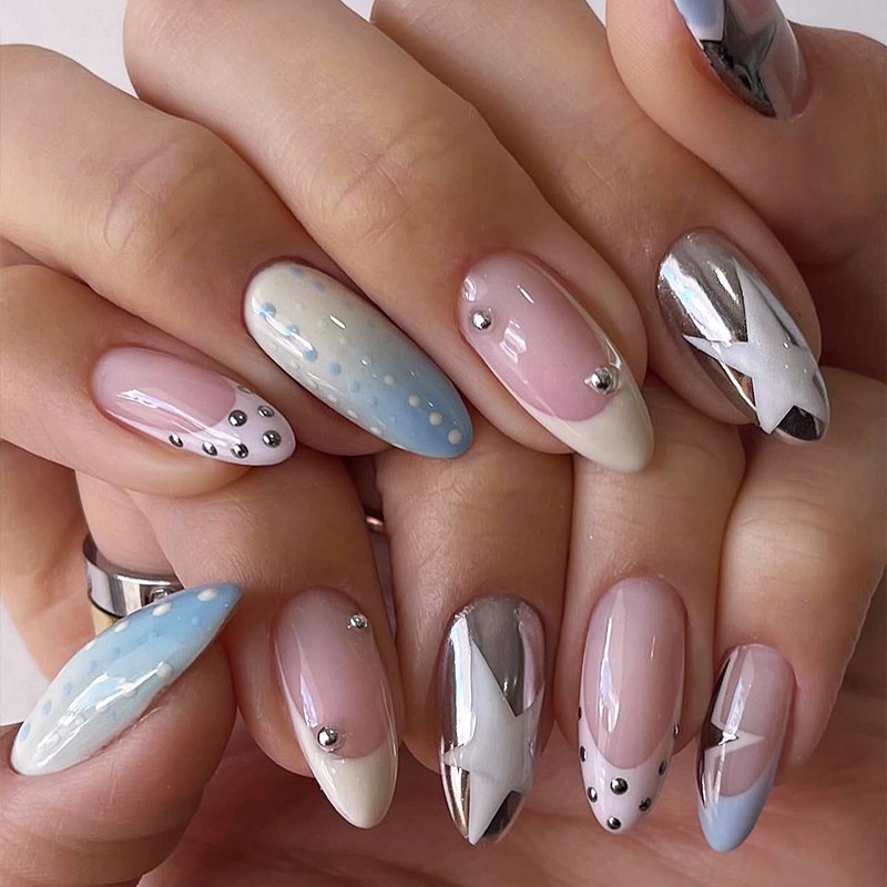 24pcs New gradient French Style Fake Nail Five-Pointed Star Y2k Star Oval Polka Dot Design Press On Nails Sweet Almond Fake Nail