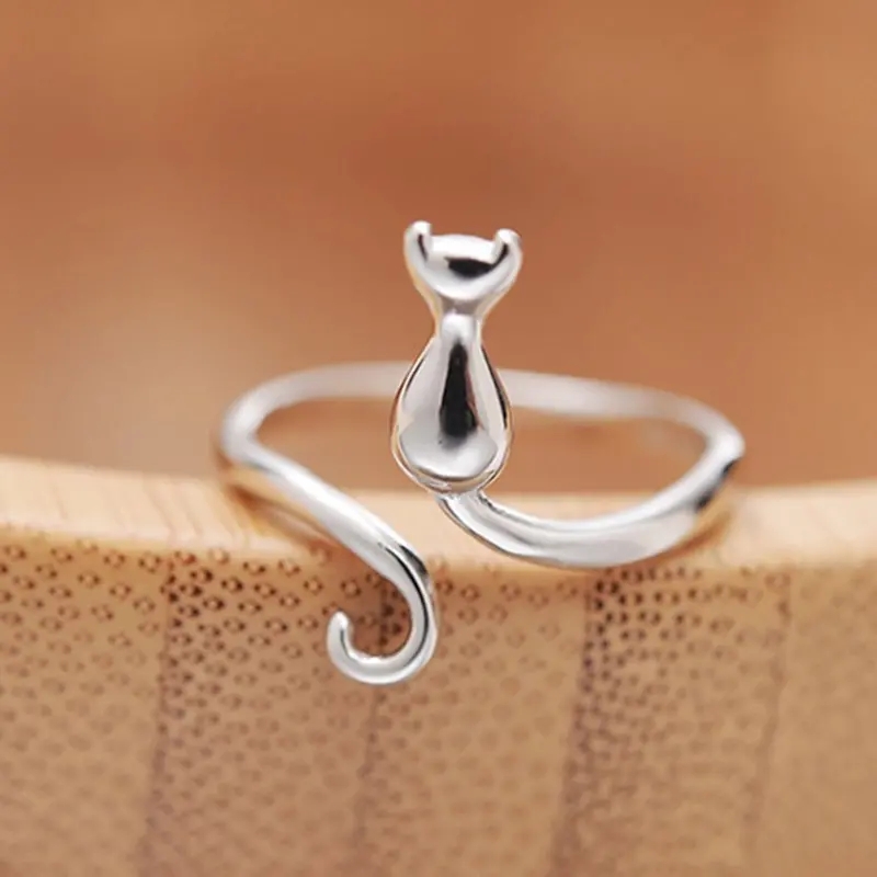 Huitan Silver Color Cat Ring for Women Opening Resizable Animal Rings Simple Stylish Accessories Fashion Versatile Jewelry