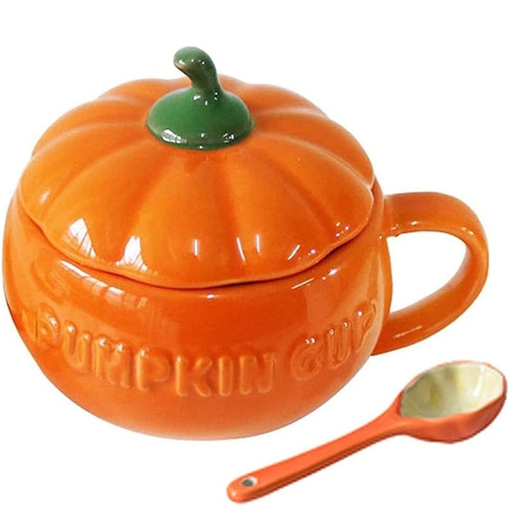 HalloweenCreative Pumpkin Coffee Cup Cute Ceramic Pumpkin Bowl with Lid and Spoon High Temperature Resistant BPA Free350ml/850ml