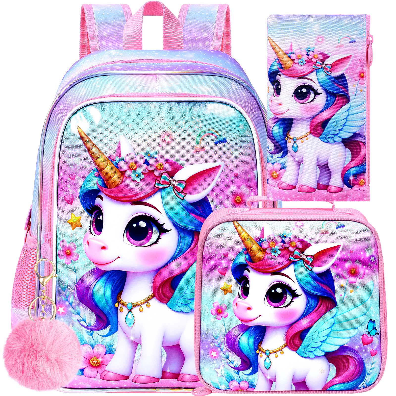 3PCS Unicorn Backpack, 15" Girls Sequin Bookbag with Lunch Box, Purple Kids School Bag for Elementary