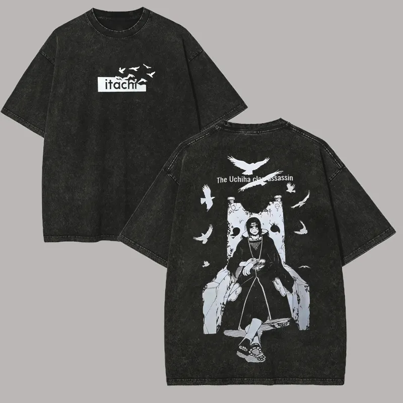 Itachi Uchiha Susanoo T-shirt Naruto Shippuden Tee Vintage Washed Oversized Retro Anime Harajuku Streetwear Manga Mens Tops