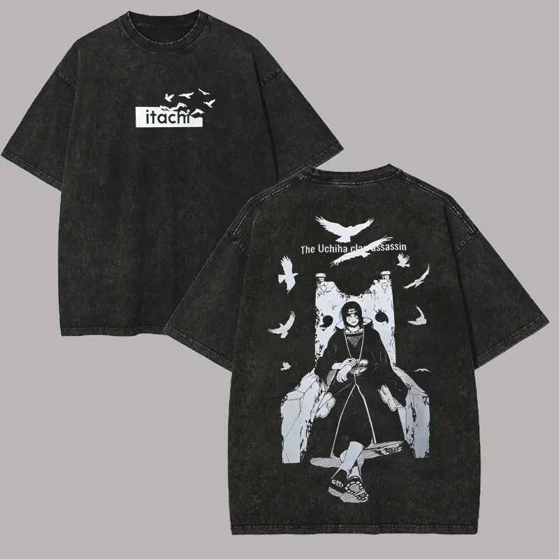 Itachi Uchiha Susanoo T-shirt Naruto Shippuden Tee Vintage Washed Oversized Retro Anime Harajuku Streetwear Manga Mens Tops
