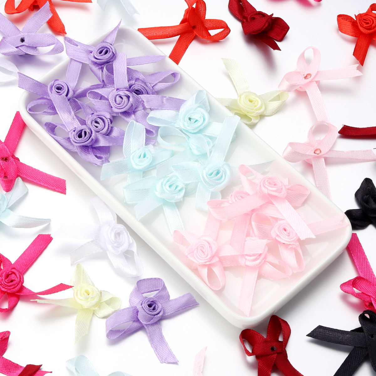 50pcs/lot Satin Ribbon Bows Colorful 3.5x4.5cm Flower Bow Tie Small Size Bowknot For DIY Sewing Craft Clothing Decoration