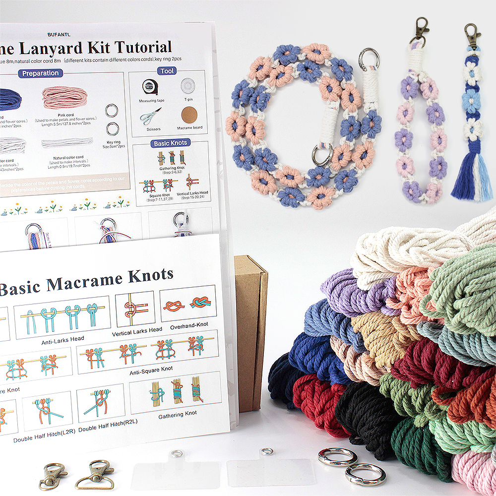 3pcs DIY Knitting Macrame Kit with Tutorial Daisy Cell Phone Pendant Lanyard Wristband Key Chain for Beginners Handmade Cr
