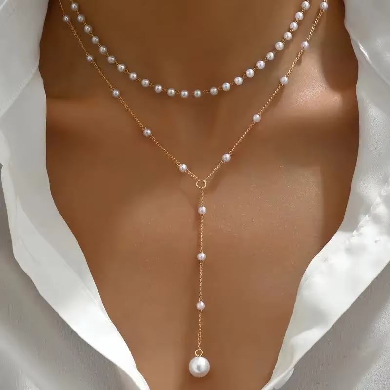 New Fashion Simple Design Long Imitation Pearl Necklace Double Layer Y-Shape Tassel Necklace for Women's Party Jewelry