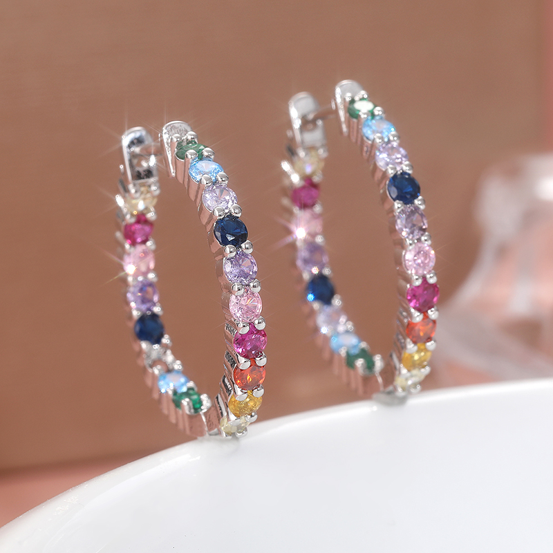 Crystal Rainbow Color Imitation Zircon Stone Hoop Earrings Dazzling Luxury Female Silver Plated Wedding Banquet Jewelry