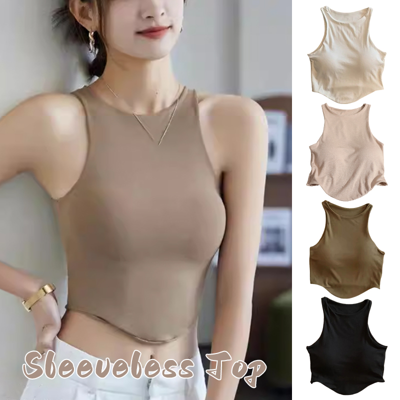 Women Vest Fashion Cotton One-piece Sling Sleeveless Top with Cups Round Neck Short Sports Yoga Gym Bra Summer Crop Tops
