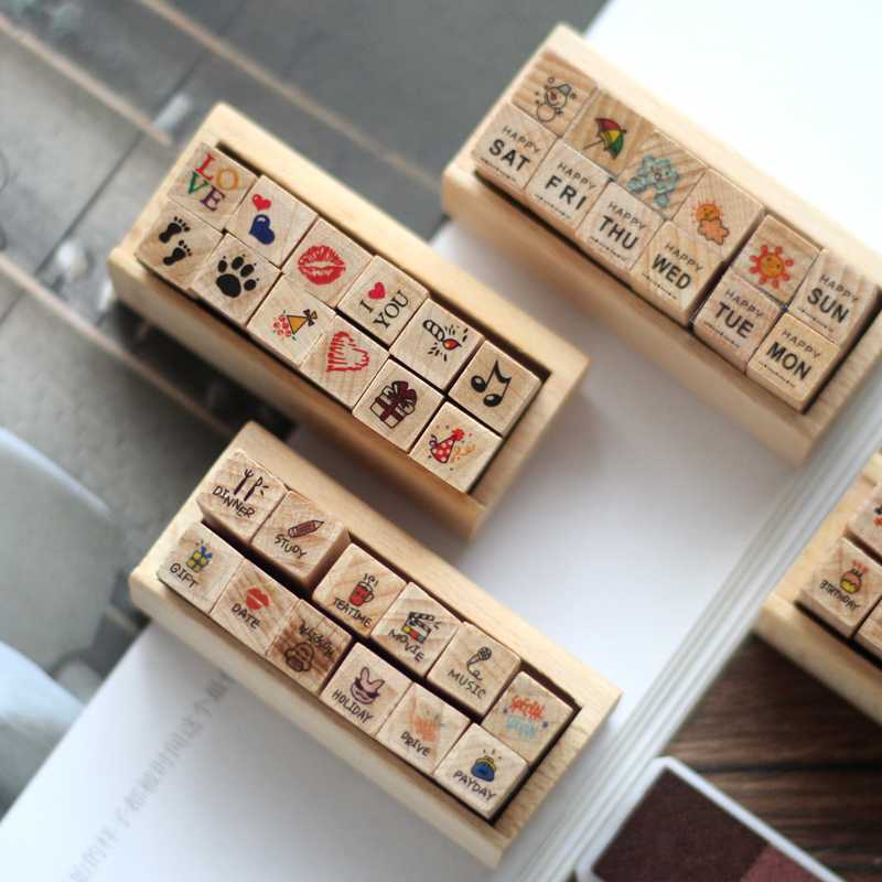 12 Pc/Set Retro Cartoon Wooden Stamps Small Cute Life Travel Week Heart Seal Scrapbooking Planner Decorative Stamp