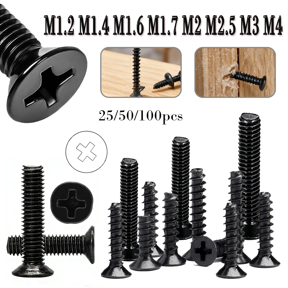 25/50/100pcs M1.2 M1.4 M1.6 M1.7 M2 M2.5 M3 M4 Mini Micro Black steel Cross Phillips Flat Countersunk Head Screw Bolts