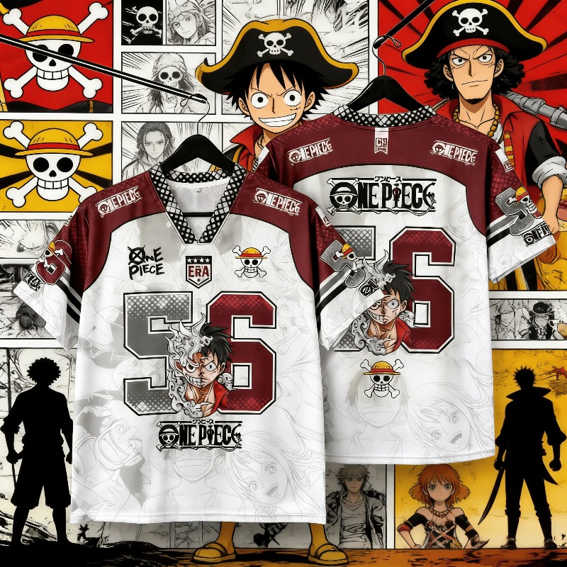 2026 New Bandai Japanese Anime One Piece Luffy Gear 5 V-neck Jersey 2026 White Streetwear Shirt