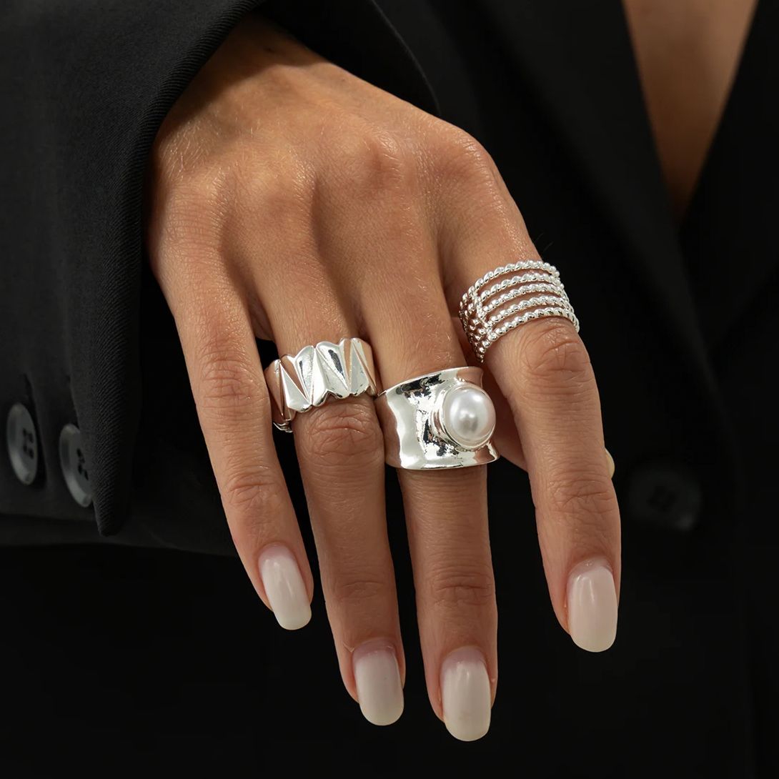 PuRui 3Pcs/Set Creative Irregular Wave Adjustable Open Rings Women Elegant Inlay Imitation Pearl Thick Finger Ring Charm Jewelry