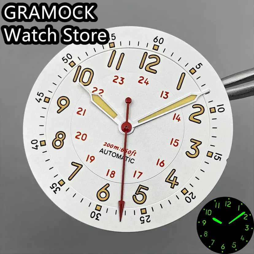 GRAMOCK Pilot Dial 29mm White Field Watch Dial Yellow Number For NH35 ETA PT5000 Miyota DG2813 ST2130 Movement Hand Set Luminous