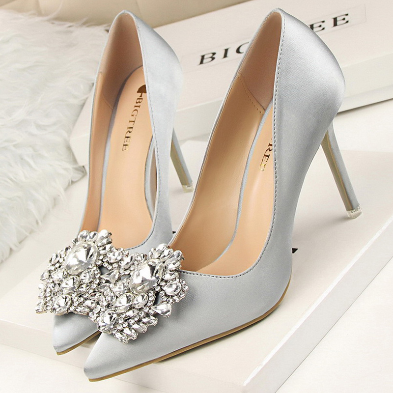 Women Elegant Silver Pointed Toe 10cm High Heels Pumps Lady Luxury Crystal Buckle Shoes Female Elegant Evening Date Dress Shoes