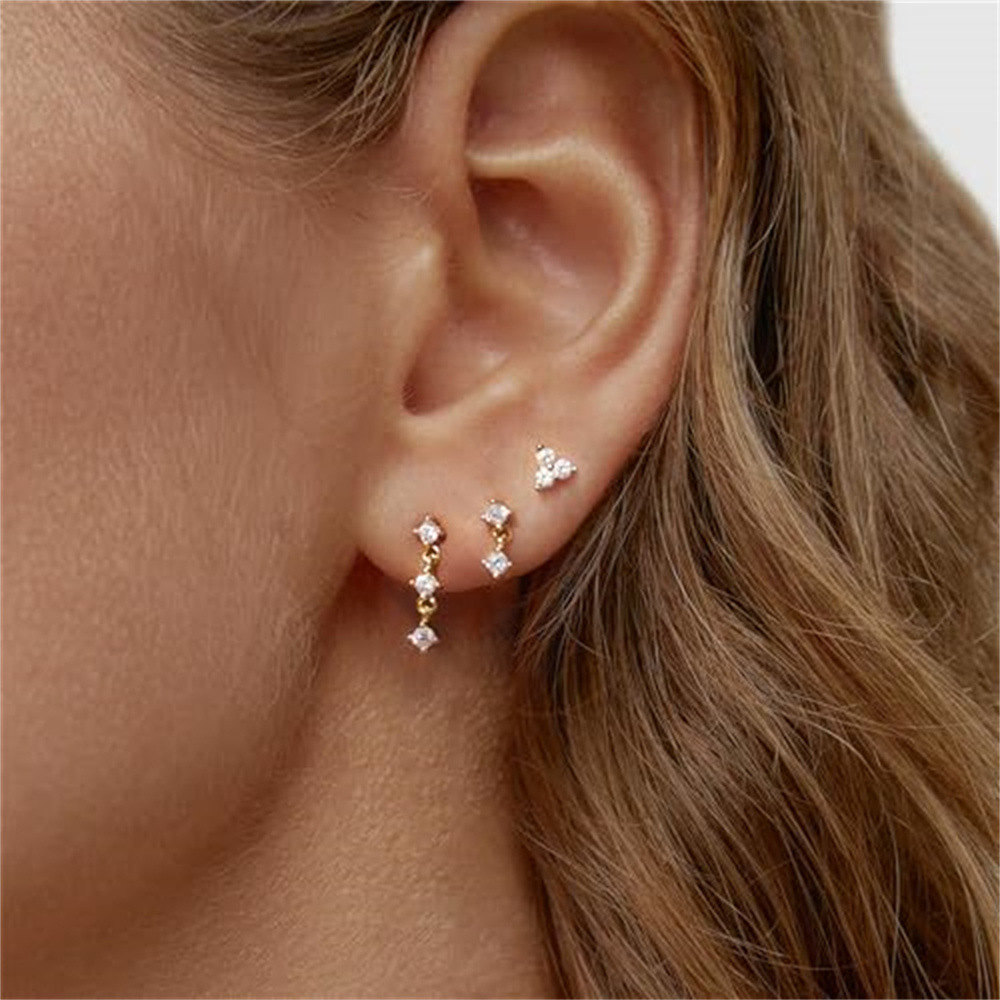 3pair/set Fashion CZ Zircon Chain Piercing Stud Earrings for Women Stackable Cartilage Tiny Earring Crystal Jewelry Pendientes