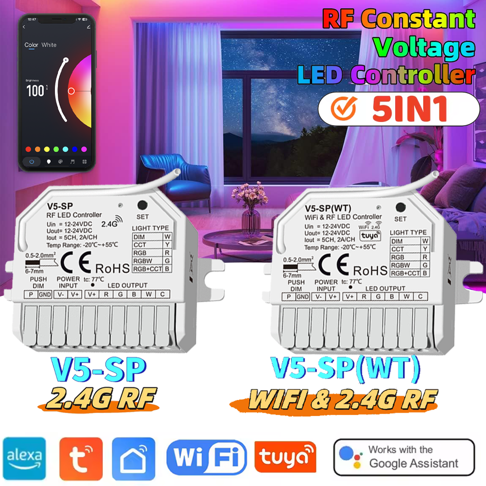 Tuya WIFI Mini 5 in 1 LED Strip Controller DC12V-24V 5CH*2A 5050 COB 2835 LED Strip Dimmer Touch Switch Tuya App Smart Life APP