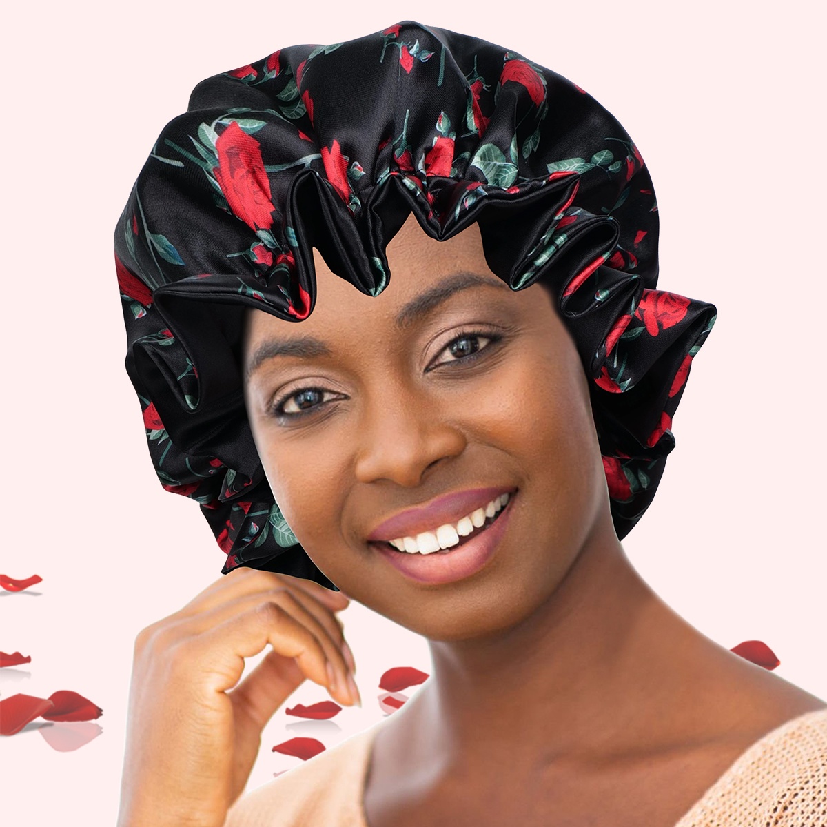 1pc Double Layer Sleeping Hair Satin Bonnet, Black with Red Roses & Green Leaves Print, Lightweight & Elastic Hair Cap for Women