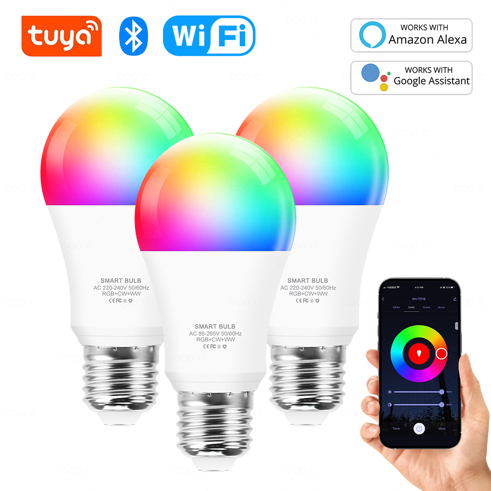 Tuya Wifi E27 Led Lamp RGB CW WW 15W Bluetooth Led Light Bulb Works with Alexa Home for Smart Life Decoration
