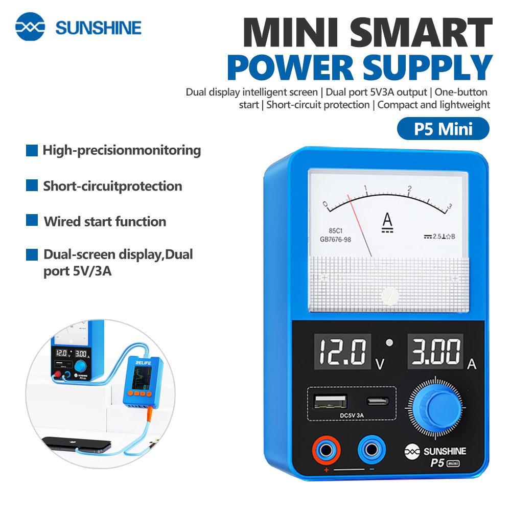 SUNSHINE P5 Mini Smart Power Supply 12V 3A with USB-A/C Ports for Electronic Device Repair Voltage and Current Detection Tool