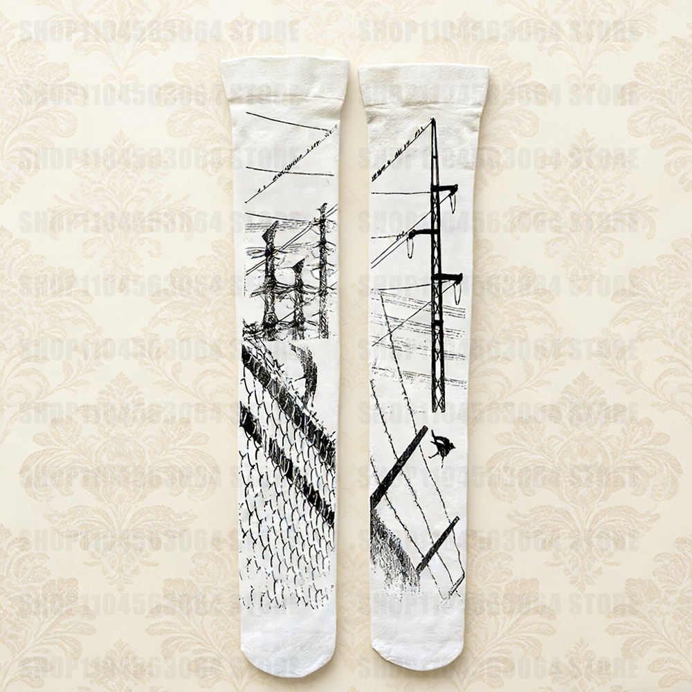 Knee over socks with geometric print aesthetics, retro Y2k style, women's white trendy socks, novel, fashionable, cute socks, st