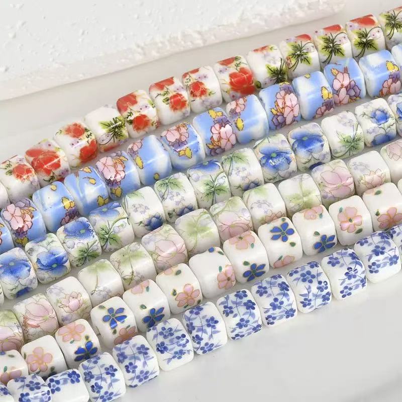 10pcs 8mm Ceramic Floral Pattern Bead For DIY Bracelet Necklace Making Colorful Square-shape Jewelry Making