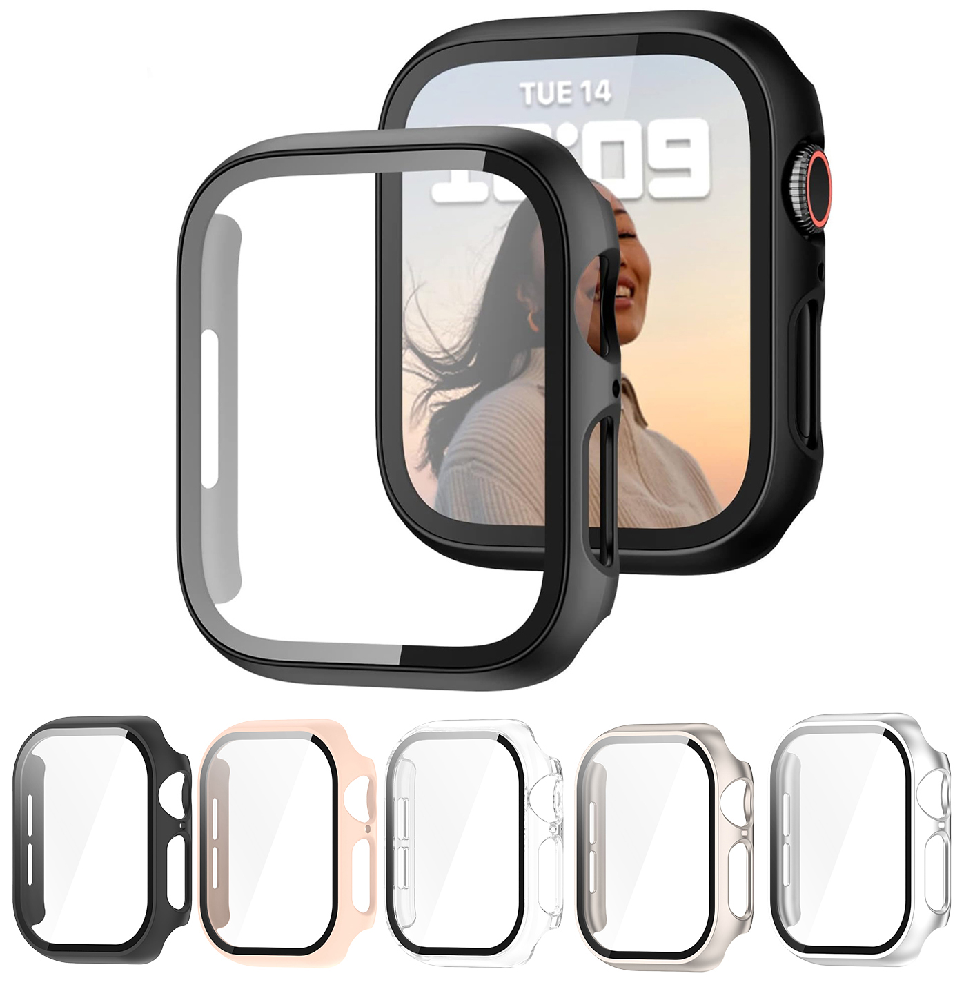 For Watch 40/41/44/45/42/46mm, frosted matte frame + glass screen case，for iWatch Series 4/5/6/7/8/9/SE/S10/11 Drop-proof