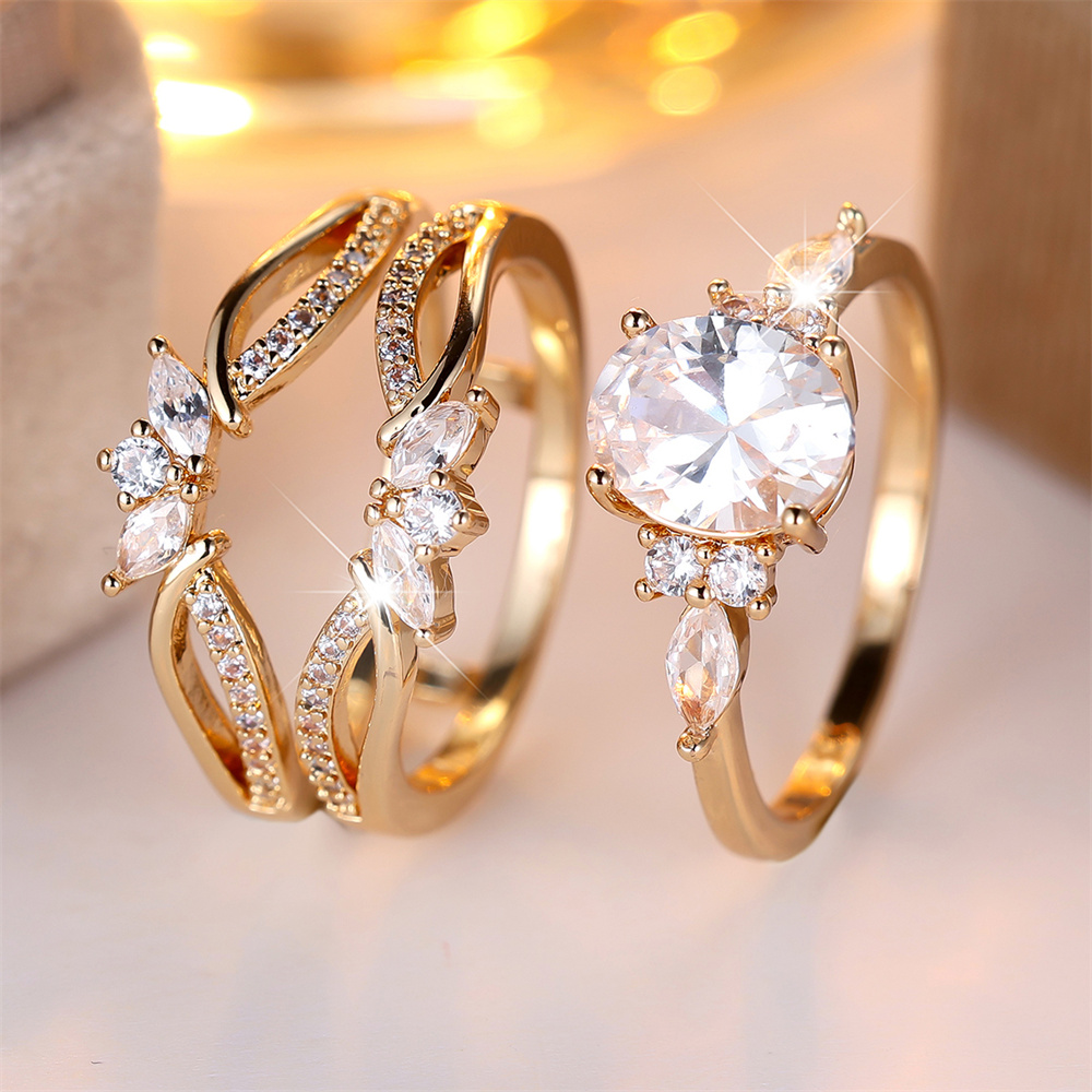 Oval Stone White Zircon Cute Flower Ring Sets For Women Vintage Gold Color Engagement Bands Wedding Jewelry Set Versatile