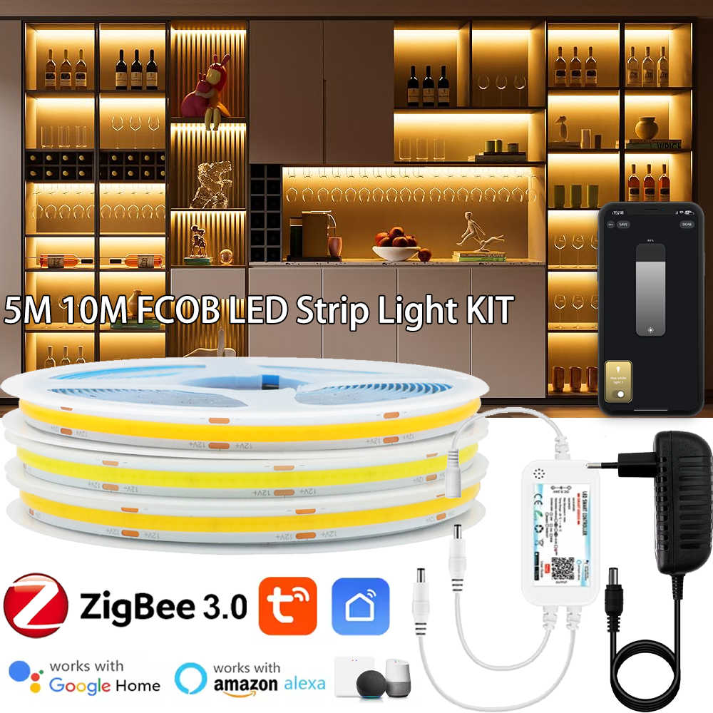 Tuya Zigbee 3.0 COB LED Strip Light 12V 5M 10M Warm White Flexible Dimmable Light 320leds/m Home Decoration for Alexa