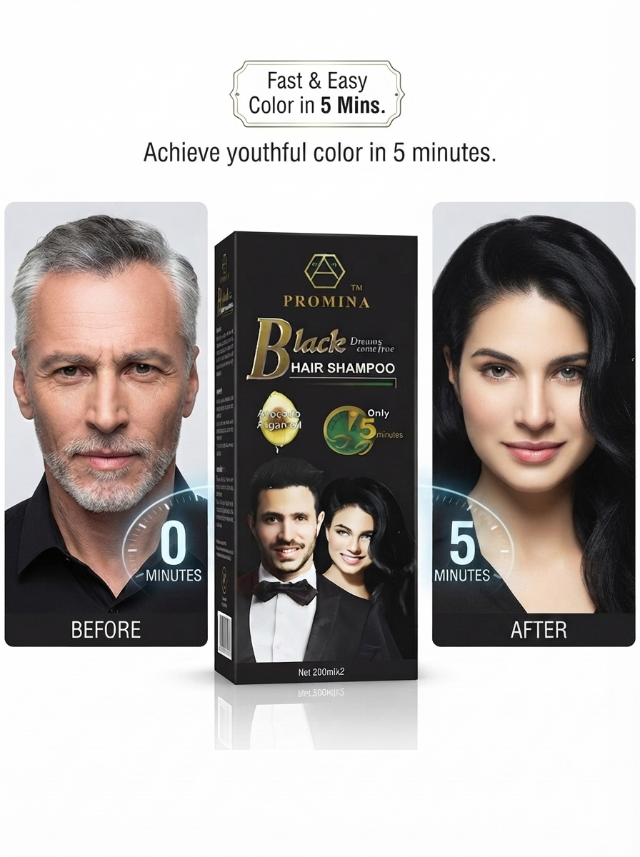 Promina Black Hair Shampoo 400ml (200ml x 2) | Instant 5-Minute Hair Color Shampoo with Avocado & Argan Oil | Natural Black Hair Dye Shampoo for Men & Women