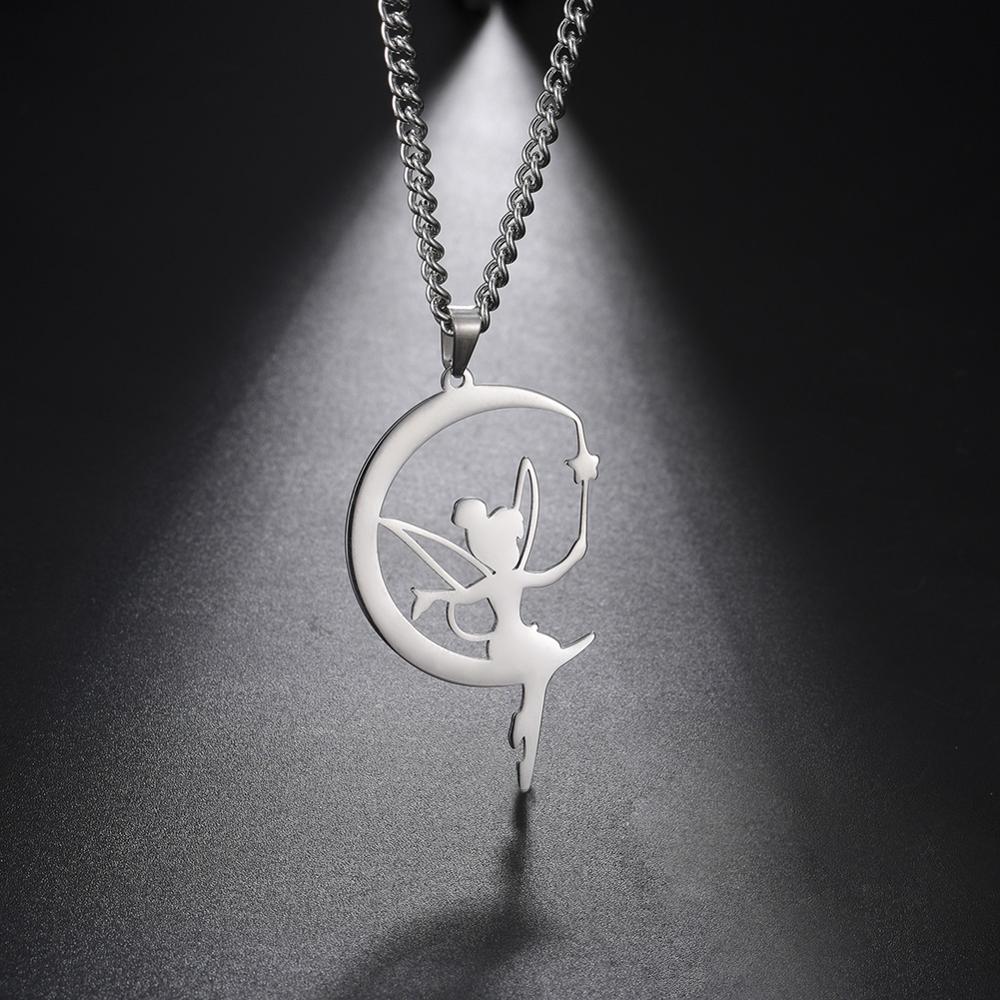 Skyrim Fairy Elf Pendant Necklace for Women Girls Angel Wings Moon Necklaces Stainless Steel Neck Chain Romantic Witch Jewelry pen gpt