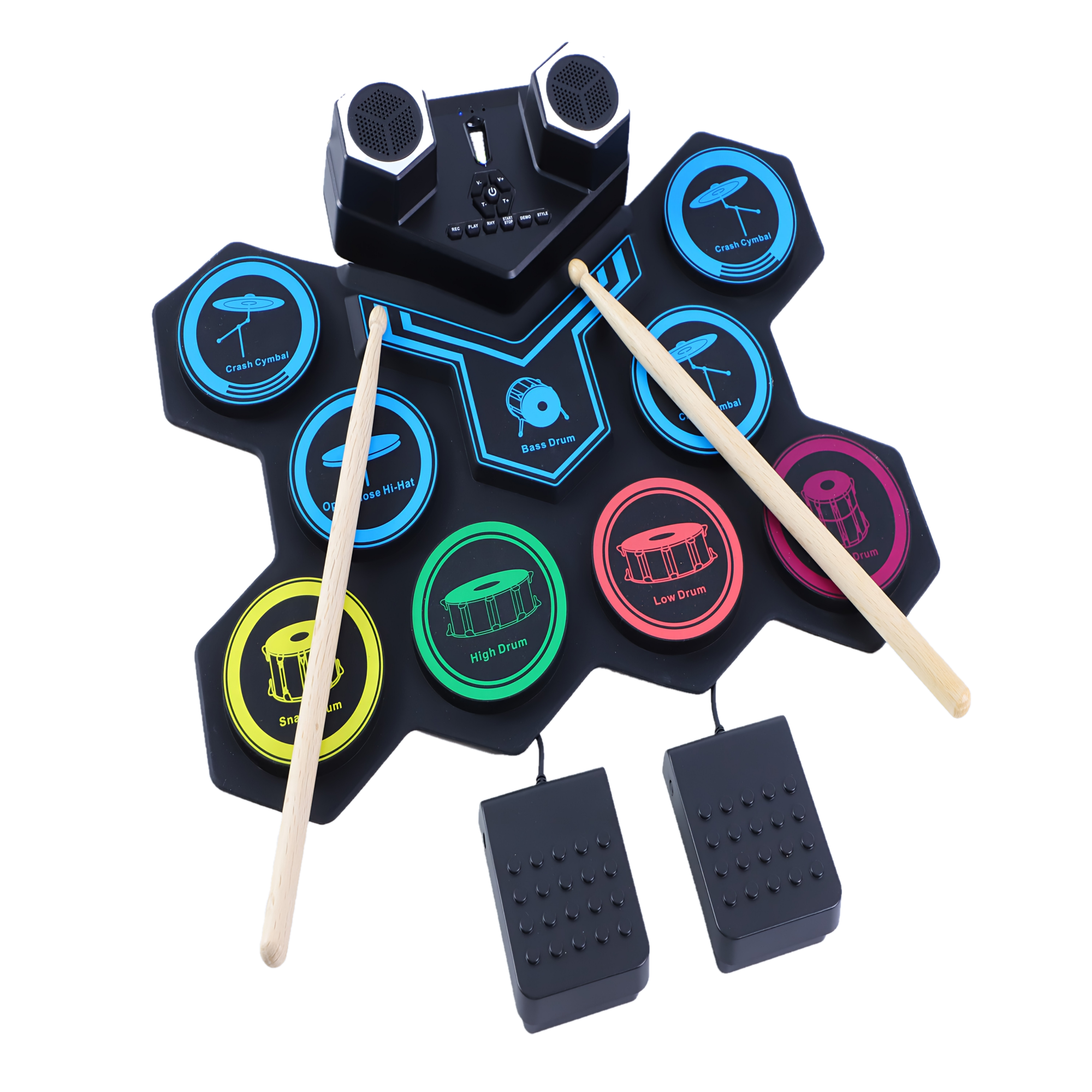 Ultra-Portable RollDrum 7-Pad Roll-Up Drum Kit with USB MIDI, Dual Pedals, Built-In Speaker & Headphone Jack for Silent Practice