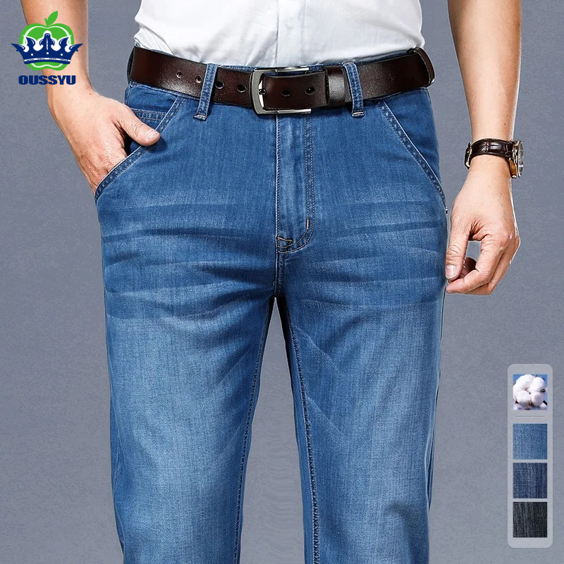Brand Clothing High Quality Summer Cotton Men's Jeans Classic Business Straight Work Denim Black Pants Trouser Male Plus Size 40