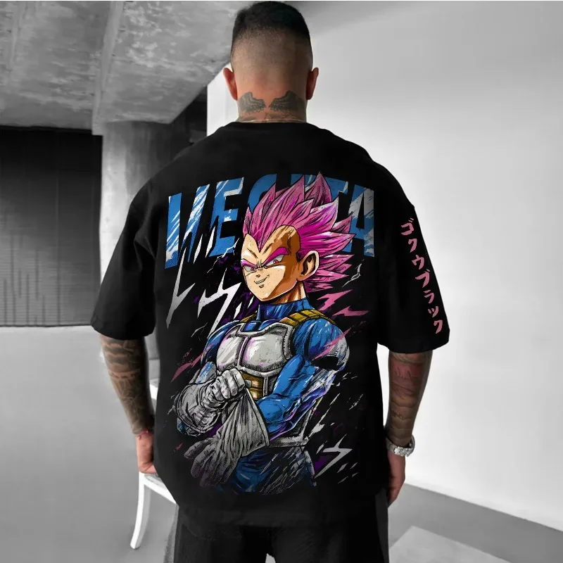 Dragon Ball Animation Summer Men's T-Shirt Harajuku Street Graffiti Vegeta Printing Casual Loose Large Size Parent-child Top