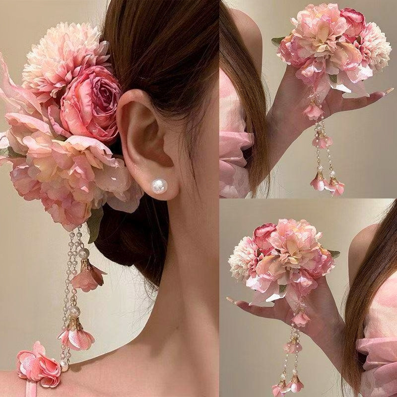 2026 New Sweet Fabric Flower Tassel Pearl Hair Clips For Women Elegant High Grade Forest Style Fashion Hair Accessories