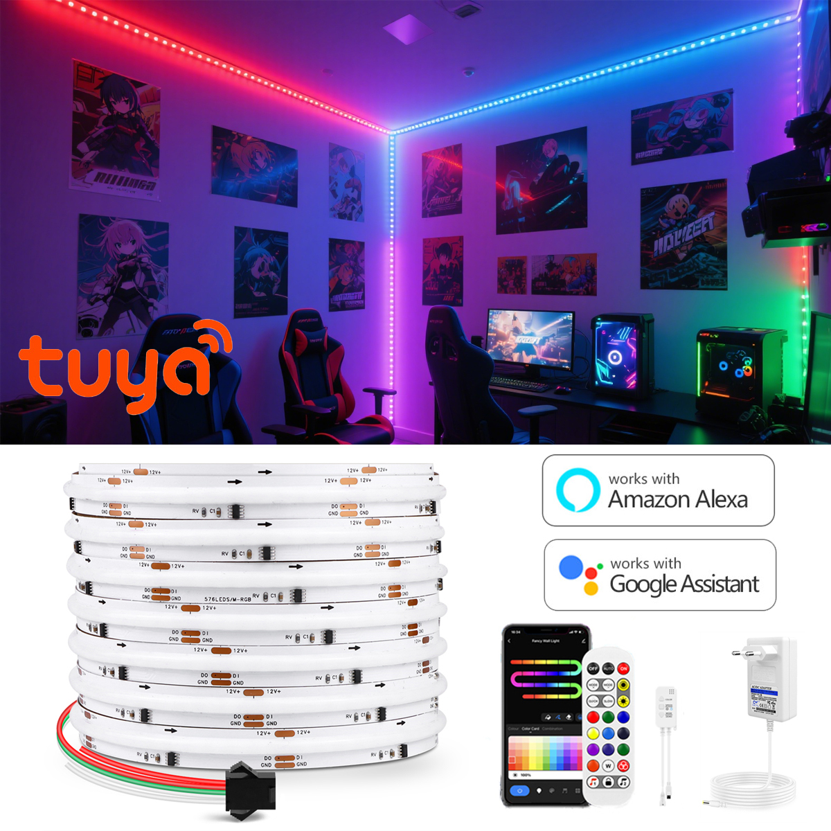 Tuya RGB LED Strip Neon Tape 12V Smart Bluetooth/WiFi APP Voice Control Lamp Ribbon Room Wall Decor for Tuya/Alexa/ Home