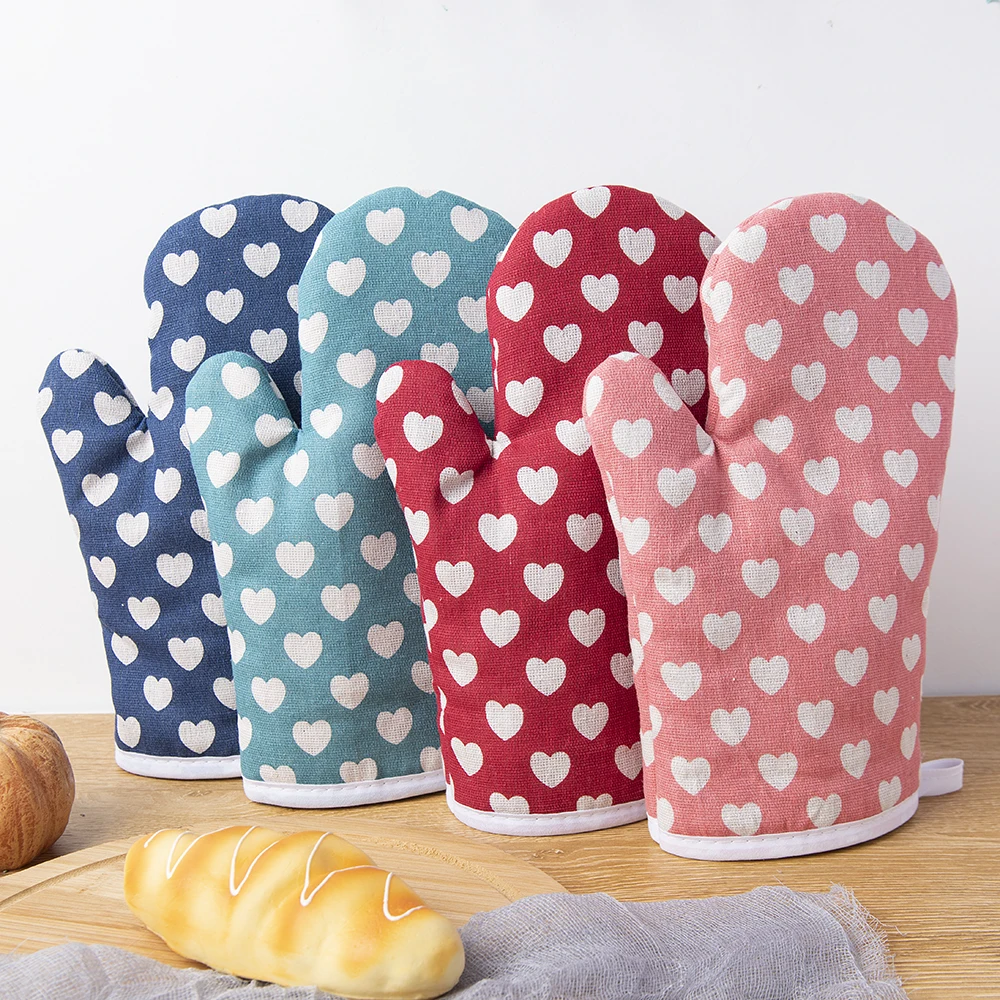 1 Piece Cotton And Linen Heart Printed Microwave Oven Gloves For Household Kitchen Thickened Heat-Resistant Gloves